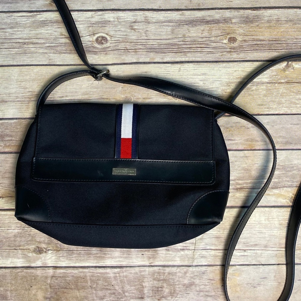 Tommy Hilfiger Black Canvas Crossbody Bag with Signature Stripe and Logo Plaque